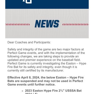 Easton Hype Fire Bat -5 Suspended by Perfect Game Events